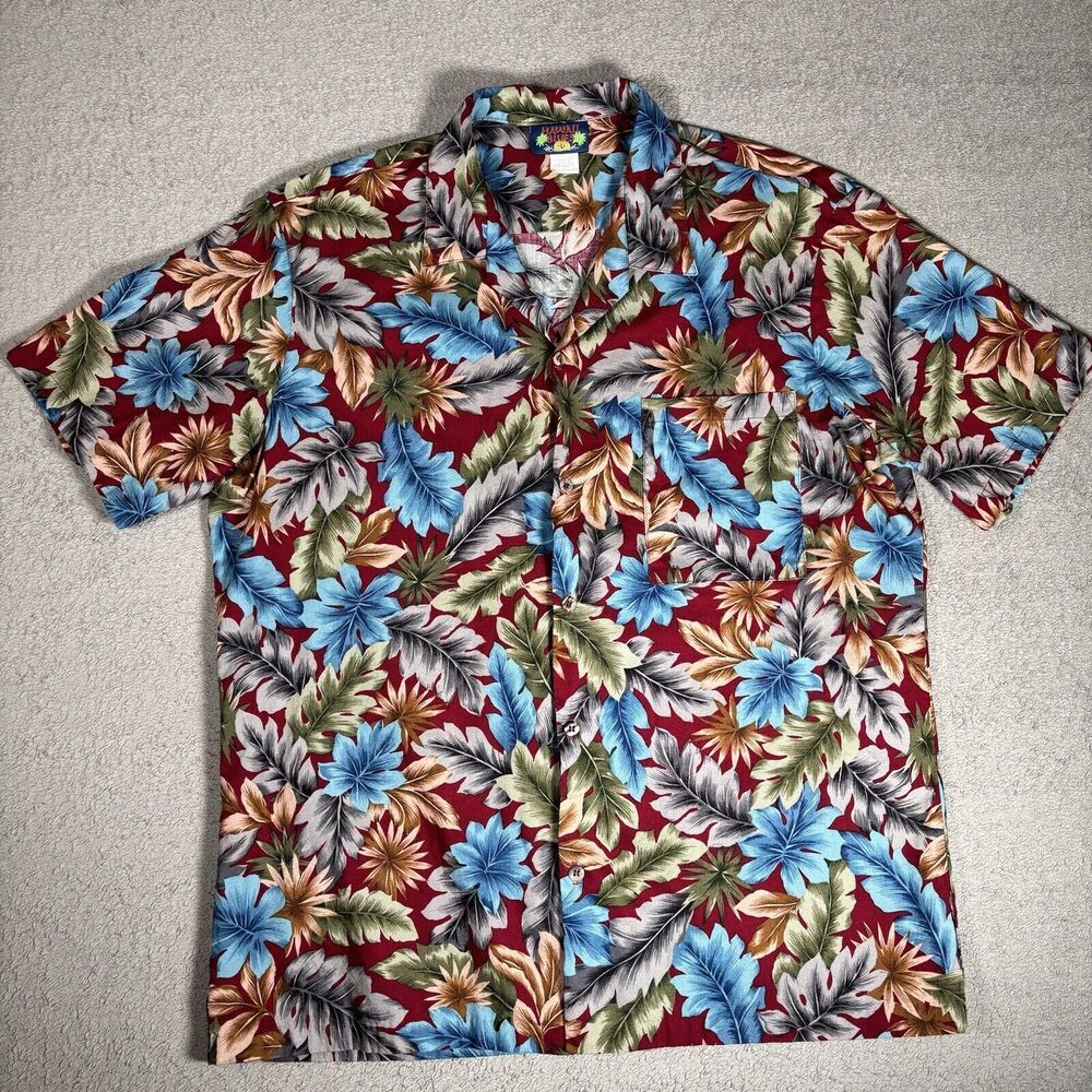 Vintage Hawaii Blues Hawaiian Shirt Red Size Large Floral Island‎ Print Colorful